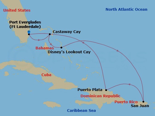 7 Night - Eastern Caribbean Cruise from Fort Lauderdale - Disney Destiny - Starting in Port Everglades, Castaway Cay, Disney Lookout Cay, San Juan, Puerto Plata, Dominican Republic, Port Everglades itinerary map
