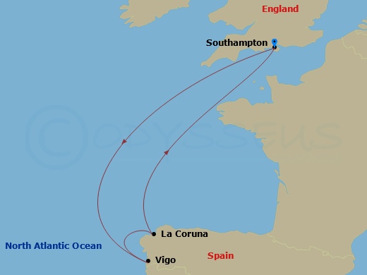 5 Night - Spain Cruise from Southampton - Disney Wish - Starting in Southampton, Vigo, La Coruna, Southampton itinerary map
