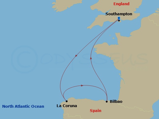 5 Night - Spain Cruise from Southampton - Disney Wish - Starting in Southampton, La Coruna, Bilbao, Southampton itinerary map