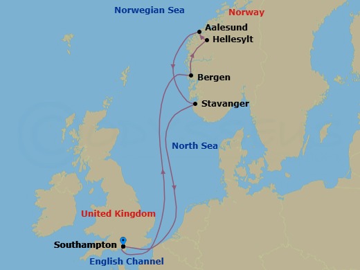 7 Night - Norwegian Fjords Cruise from Southampton - Disney Wish - Starting in Southampton, Bergen, Hellesylt, Alesund, Stavanger, Southampton itinerary map