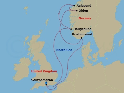 7 Night - Norwegian Fjords Cruise from Southampton - Disney Wish - Starting in Southampton, Kristiansand, Olden, Alesund, Haugesund, Southampton itinerary map