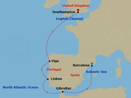 6 Night - Western Europe Cruise from Barcelona Ending in Southampton - Disney Wish - Starting in Barcelona, Gibraltar, Lisbon, Vigo, Southampton itinerary map