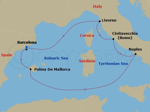 7 Night - Mediterranean Cruise from Barcelona - Disney Wish - Starting in Barcelona, Palma, Naples, Civitavecchia, Livorno, Barcelona itinerary map