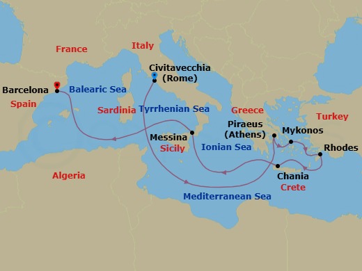 10 Night - Mediterranean with Greek Isles Cruise from Civitavecchia Ending in Barcelona - Disney Wish - Starting in Civitavecchia, Piraeus, Mykonos, Rhodes, Chania, Messina, Barcelona itinerary map
