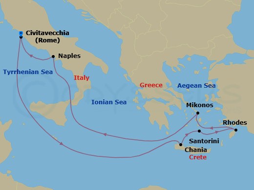 8 Night - Mediterranean with Greek Isles Cruise from Civitavecchia - Disney Wish - Starting in Civitavecchia, Chania, Santorini, Rhodes, Mykonos, Naples, Civitavecchia itinerary map