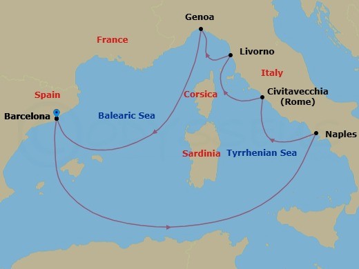 7 Night - Mediterranean Cruise from Barcelona - Disney Wish - Starting in Barcelona, Naples, Civitavecchia, Livorno, Genoa, Barcelona itinerary map