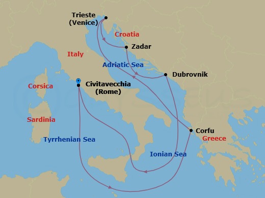 8 Night - Adriatic Sea and Greece Cruise from Civitavecchia - Disney Wish - Starting in Civitavecchia, Corfu, Trieste, Zadar, Dubrovnik, Croatia, Civitavecchia itinerary map
