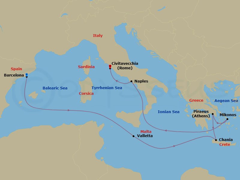 9 Night - Mediterranean Cruise from Barcelona Ending in Civitavecchia - Disney Wish - Starting in Barcelona, Valletta, Chania, Piraeus, Mykonos, Naples, Civitavecchia itinerary map