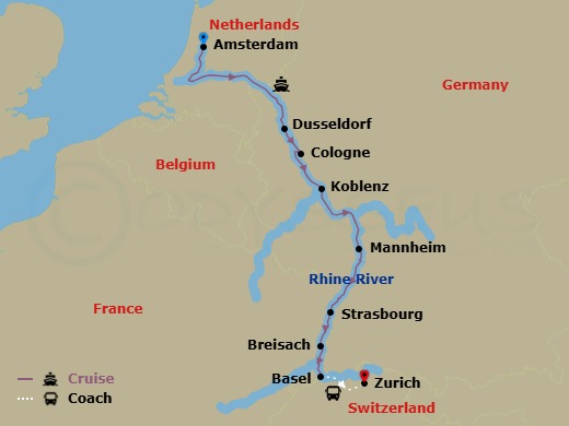 7 Night - Christmas Markets On the Rhine - Emerald Sun - Starting in Amsterdam, Dusseldorf / Cologne, Koblenz, Mannheim, Strasbourg, Breisach, Zurich itinerary map