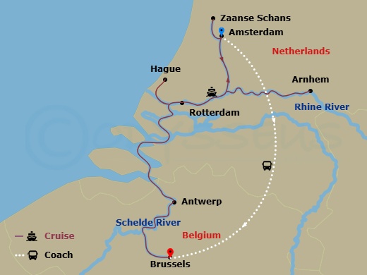 10 Night - Holland in Bloom & Belgian Delights - Emerald Sun - Starting in Amsterdam, Amsterdam / Zaanse Schans, Rotterdam, Rotterdam / Willemstad NL, Antwerp, Nijmegen, Amsterdam, Amsterdam / Brussels, Brussels itinerary map