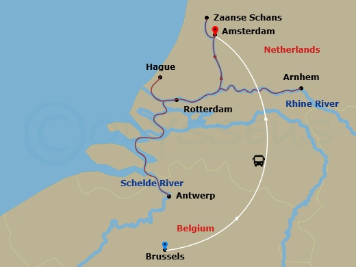10 Night - Belgian Delights & Holland in Bloom - Emerald Sun - Starting in Brussels, Brussels / Amsterdam, Amsterdam / Zaanse Schans, Rotterdam, Rotterdam / Willemstad NL, Antwerp, Nijmegen, Amsterdam itinerary map