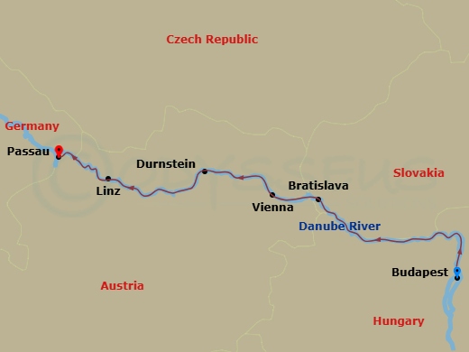7 Night - Christmas Markets On the Danube - Emerald Destiny - Starting in Budapest, Bratislava, Vienna, Durnstein / Melk, Linz, Passau, Passau (Munich Airport only) itinerary map