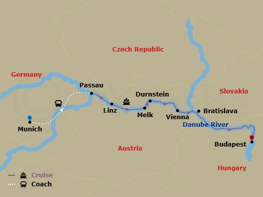7 Night - Christmas Markets On the Danube - Emerald Destiny - Starting in Munich / Passau, Passau, Linz, Melk / Durnstein, Vienna, Bratislava, Budapest itinerary map
