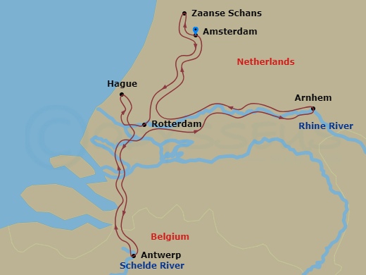 7 Night - Holland & Belgium in Bloom - Emerald Sun - Starting in Amsterdam, Amsterdam / Zaanse Schans, Rotterdam, Rotterdam / Willemstad NL, Antwerp, Nijmegen, Amsterdam itinerary map