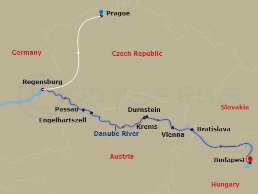 10 Night - Classic Prague & Danube Delights - Emerald Sky - Starting in Prague, Prague / Regensburg, Regensburg, Passau, Melk / Durnstein, Vienna, Bratislava, Budapest itinerary map