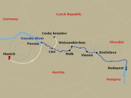 7 Night - Danube Explorer - Emerald Sky - Starting in Budapest, Bratislava, Vienna, Weissenkirchen / Melk, Linz / Cesky Krumlov, Passau, Passau / Munich itinerary map