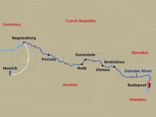 7 Night - Danube Delights - Emerald Luna - Starting in Munich / Regensburg, Regensburg, Passau, Melk / Durnstein, Vienna, Bratislava, Budapest itinerary map