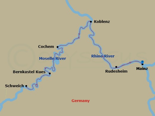 7 Night - Legendary Rhine & Moselle - Emerald Destiny - Starting in Mainz / Rudesheim, Rudesheim, Bernkastel, Schweich, Cochem, Koblenz, Mainz itinerary map