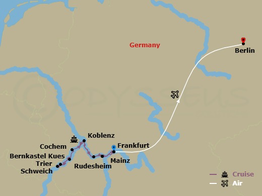 10 Night - Legendary Rhine & Moselle & Berlin - Emerald Sun - Starting in Frankfurt / Mainz, Rudesheim, Bernkastel, Trier (Schweich), Cochem, Koblenz, Mainz, Mainz / Frankfurt / Berlin, Berlin itinerary map