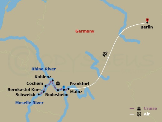 10 Night - Legendary Rhine & Moselle & Berlin - Emerald Destiny - Starting in Mainz / Rudesheim, Rudesheim, Bernkastel, Schweich, Cochem, Koblenz, Mainz, Mainz / Frankfurt / Berlin, Berlin itinerary map