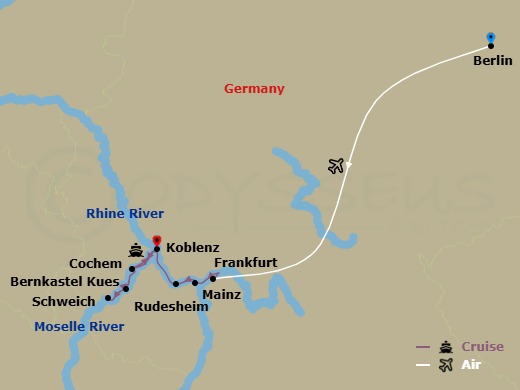10 Night - Berlin & Legendary Rhine & Moselle - Emerald Destiny - Starting in Berlin, Berlin / Frankfurt / Mainz, Rudesheim, Bernkastel, Schweich, Cochem, Koblenz, Mainz itinerary map