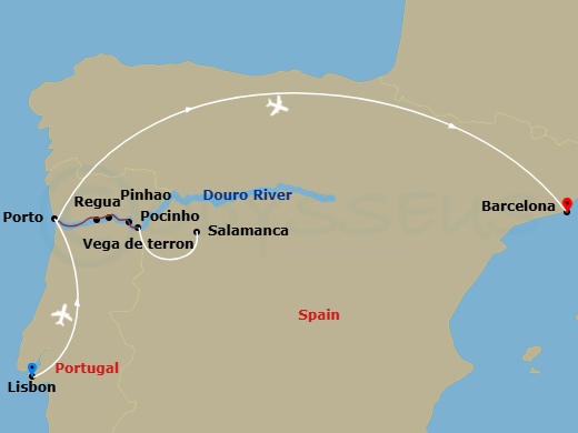 13 Night - Lisbon to Barcelona & Secrets of the Douro - Emerald Radiance - Starting in Lisbon, Lisbon / Porto, Porto / Pinhao, Pinhao / Vega de Terron, Vega de Terron / Salamanca, Pocinho / Regua, Regua / Porto, Porto, Porto / Barcelona, Barcelona itinerary map