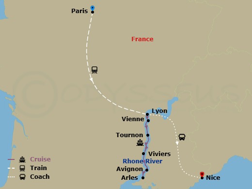12 Night - Paris to Nice & Sensations of Lyon and Provence - Emerald Liberte - Starting in Paris, Paris / Lyon, Lyon, Vienne, Tournon, Viviers, Avignon, Arles, Lyon / Nice, Nice itinerary map