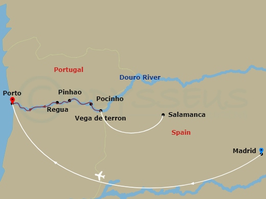 10 Night - Madrid & Secrets of the Douro - Emerald Radiance - Starting in Madrid, Madrid / Porto, Porto / Pinhao, Pinhao / Vega de Terron, Vega de Terron / Salamanca, Pocinho / Regua, Regua / Porto, Porto itinerary map