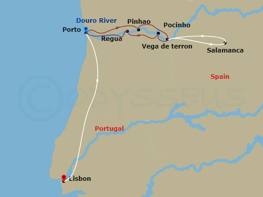 10 Night - Secrets of the Douro & Lisbon - Emerald Radiance - Starting in Porto, Porto / Pinhao, Pinhao / Vega de Terron, Vega de Terron / Salamanca, Pocinho / Regua, Regua / Porto, Porto, Porto / Lisbon, Lisbon itinerary map