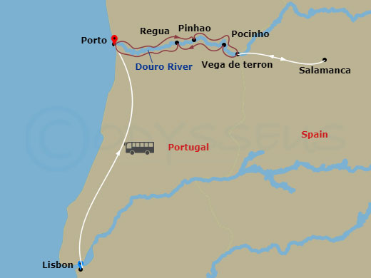 10 Night - Lisbon & Secrets of the Douro - Emerald Radiance - Starting in Lisbon, Lisbon / Porto, Porto / Pinhao, Pinhao / Vega de Terron, Vega de Terron / Salamanca, Pocinho / Regua, Regua / Porto, Porto itinerary map