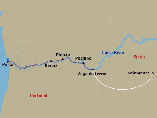 7 Night - Secrets of the Douro - Emerald Radiance - Starting in Porto, Porto / Pinhao, Pinhao / Vega de Terron, Vega de Terron / Salamanca, Pocinho / Regua, Regua / Porto, Porto itinerary map