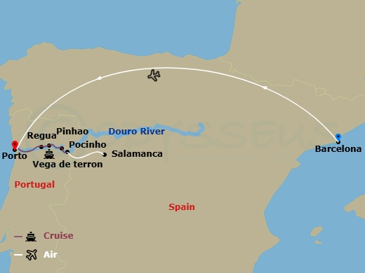 10 Night - Barcelona & Secrets of the Douro - Emerald Radiance - Starting in Barcelona, Barcelona / Porto, Porto / Pinhao, Pinhao / Vega de Terron, Vega de Terron / Salamanca, Pocinho / Regua, Regua / Porto, Porto itinerary map