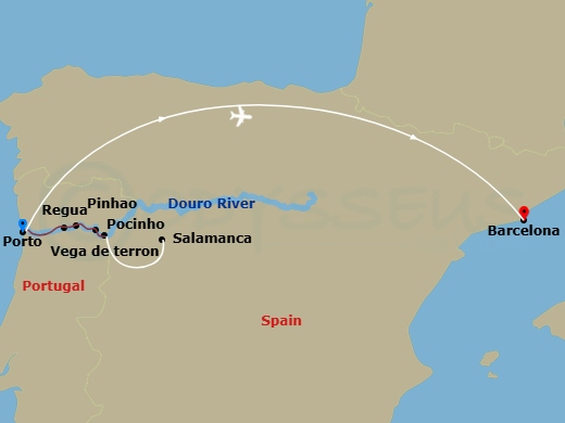 10 Night - Secrets of the Douro & Barcelona - Emerald Radiance - Starting in Porto, Porto / Pinhao, Pinhao / Vega de Terron, Vega de Terron / Salamanca, Pocinho / Regua, Regua / Porto, Porto, Porto / Barcelona, Barcelona itinerary map