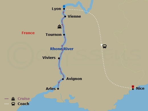 10 Night - Festive Sensations of Lyon & Provence with Nice - Emerald Liberte - Starting in Lyon, Vienne, Tournon, Viviers, Avignon, Arles, Lyon / Nice, Nice itinerary map