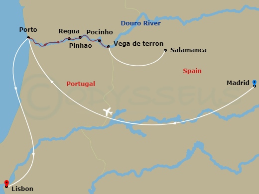 13 Night - Madrid to Lisbon & Secrets of the Douro - Emerald Radiance - Starting in Madrid, Madrid / Porto, Porto / Pinhao, Pinhao / Vega de Terron, Vega de Terron / Salamanca, Pocinho / Regua, Regua / Porto, Porto, Porto / Lisbon, Lisbon itinerary map