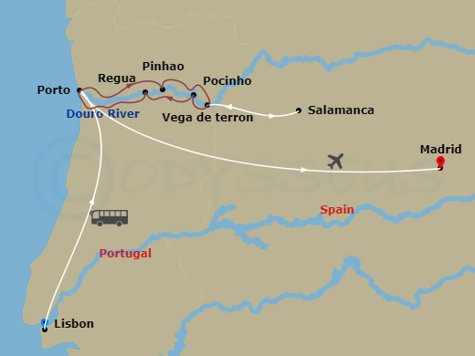 13 Night - Lisbon to Madrid with Secrets of the Douro - Emerald Radiance - Starting in Lisbon, Lisbon / Porto, Porto / Pinhao, Pinhao / Vega de Terron, Vega de Terron / Salamanca, Pocinho / Regua, Regua / Porto, Porto, Porto / Madrid, Madrid itinerary map