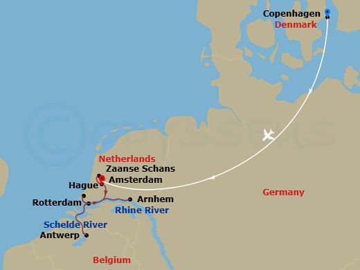 10 Night - Copenhagen & Holland & Belgium in Bloom - Emerald Sun - Starting in Copenhagen, Copenhagen / Amsterdam, Amsterdam / Zaanse Schans, Rotterdam, Rotterdam / Willemstad NL, Antwerp, Nijmegen, Amsterdam itinerary map