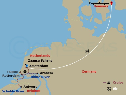 10 Night - Holland & Belgium in Bloom & Copenhagen - Emerald Sun - Starting in Amsterdam, Amsterdam / Zaanse Schans, Rotterdam, Rotterdam / Willemstad NL, Antwerp, Nijmegen, Amsterdam, Amsterdam / Copenhagen, Copenhagen itinerary map