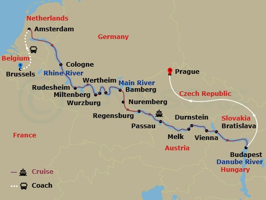 20 Night - Belgian Delights & Splendours of Europe & Prague - Emerald Sun - Starting in Brussels, Brussels / Amsterdam, Amsterdam, Cologne, Rudesheim, Miltenberg / Wertheim, Wurzburg, Bamberg, Nuremberg, Regensburg, Passau / Linz, Melk / Durnstein, Vienna, Bratislava, Budapest, Budapest / Prague, Prague itinerary map
