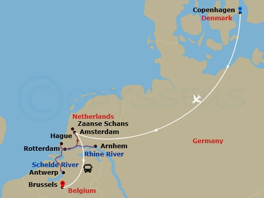 13 Night - Belgian & Holland Delights with Copenhagen - Emerald Sun - Starting in Copenhagen, Copenhagen / Amsterdam, Amsterdam / Zaanse Schans, Rotterdam, Rotterdam / Willemstad NL, Antwerp, Nijmegen, Amsterdam, Amsterdam / Brussels, Brussels itinerary map