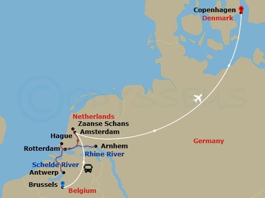 13 Night - Belgian & Holland Delights with Copenhagen - Emerald Sun - Starting in Brussels, Brussels / Amsterdam, Amsterdam / Zaanse Schans, Rotterdam, Rotterdam / Willemstad NL, Antwerp, Nijmegen, Amsterdam, Amsterdam / Copenhagen, Copenhagen itinerary map