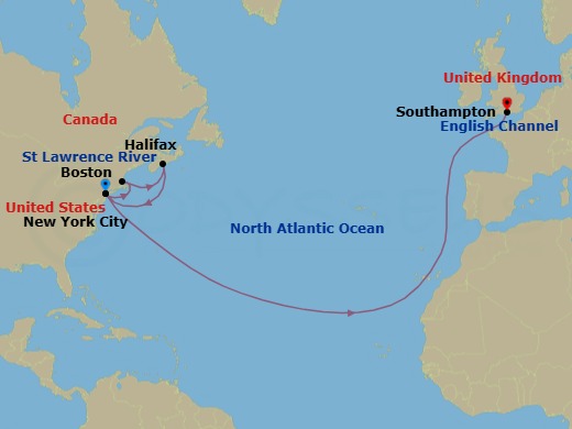 14 Night - Independence Day Celebration - Queen Mary 2 - Starting in New York, NY, Boston, MA, Halifax, NS, Canada, New York, NY, Southampton, England, UK itinerary map