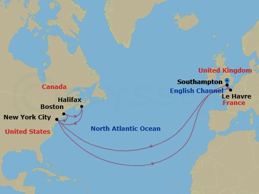 22 Night - Transatlantic Crossing, New England and Canada - Queen Mary 2 - Starting in Southampton, England, UK, Le Havre, France, New York, NY, Boston, MA, Halifax, NS, Canada, New York, NY, Southampton, England, UK itinerary map