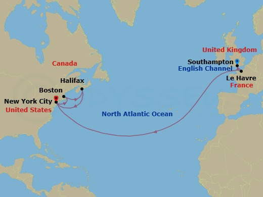 15 Night - Transatlantic Crossing, New England and Canada - Queen Mary 2 - Starting in Southampton, England, UK, Le Havre, France, New York, NY, Boston, MA, Halifax, NS, Canada, New York, NY itinerary map