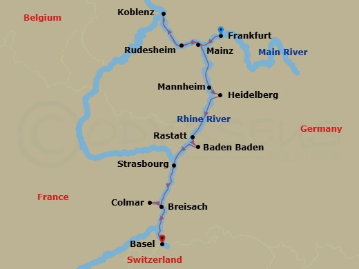 7 Night - The Majestic Rhine - Emerald Astra - Starting in Frankfurt / Mainz, Rudesheim, Koblenz, Mannheim / Heidelberg, Rastatt (Baden-Baden), Strasbourg, Breisach / Colmar, Basel itinerary map