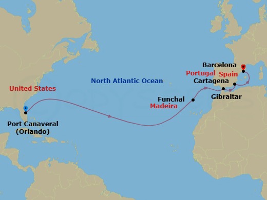 13 Night - Eastbound Transatlantic Cruise from Port Canaveral Ending in Barcelona - Disney Wish - Starting in Port Canaveral, Madeira, Gibraltar, Cartagena ES, Barcelona itinerary map