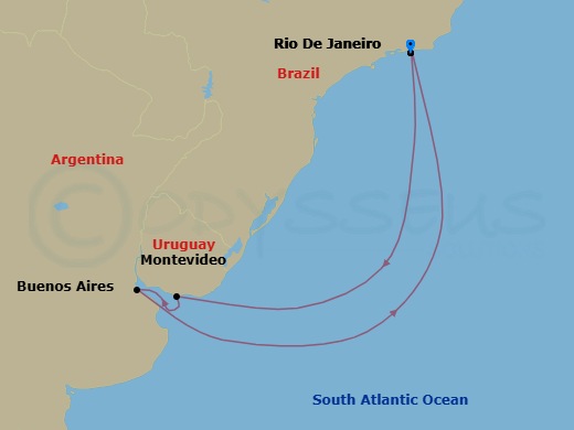 7 Night - South America - MSC Splendida - Starting in Rio De Janeiro, Brazil, Montevideo, Uruguay, Buenos Aires, Argentina, Rio De Janeiro, Brazil itinerary map