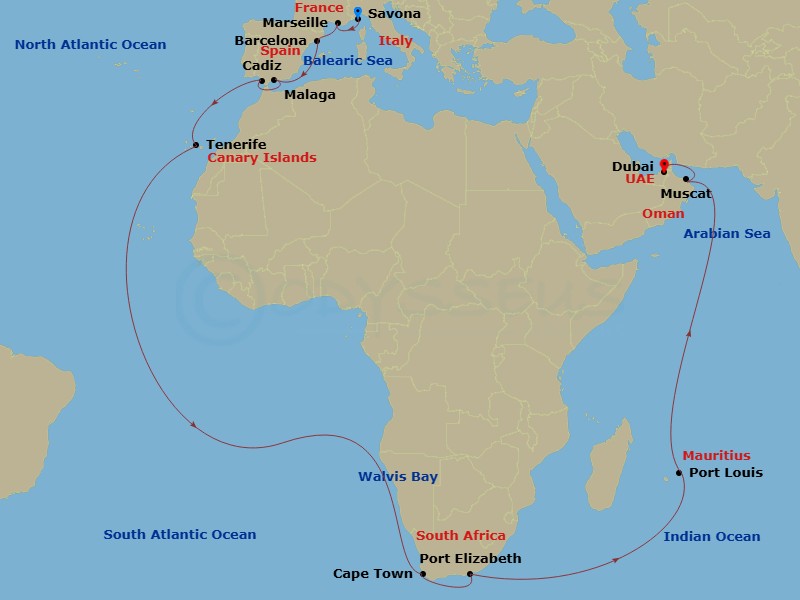 37 Night - Europe from Savona to Dubai - Costa Smeralda - Starting in Savona, Marseille, Barcelona, Malaga, Cadice, Santa Cruz de Tenerife, Walvis Bay, Cape Town, Port Elizabeth ZA, South Africa, Port Louis, Mauritius, Muscat, Dubai (Dubai Harbor) itinerary map