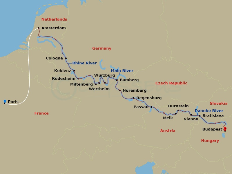 17 Night - Paris & Splendours of Europe - Emerald Sun - Starting in Paris, Paris / Amsterdam, Amsterdam, Cologne, Rudesheim, Miltenberg / Wertheim, Wurzburg, Bamberg, Nuremberg, Regensburg, Passau / Linz, Melk / Durnstein, Vienna, Bratislava, Budapest itinerary map