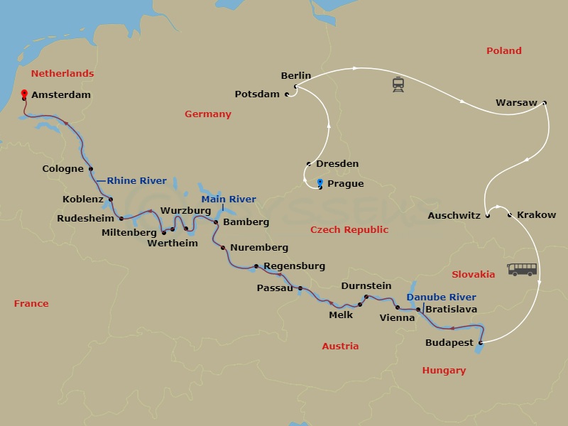24 Night - Eastern European Escapade & Splendours of Europe - Emerald Astra - Starting in Prague, Prague / Dresden / Berlin, Berlin, Berlin / Warsaw, Warsaw, Warsaw / Krakow, Krakow / Auschwitz, Day Krakow / Budapest, Budapest, Bratislava, Vienna, Durnstein / Melk, Passau, Regensburg, Nuremberg, Bamberg, Wurzburg, Wertheim / Miltenberg, Rudesheim / Koblenz, Cologne, Amsterdam itinerary map